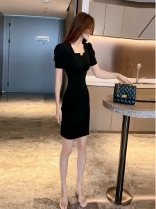 Chic Pure Color Simple Folded Waist Slim Sweet Square Collar Bodycon Dress Womens Polyester Fiber High Waist Mid-Length Skirt