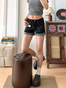 High Waist Slimming A-Line Shorts plus Size Womens Summer Thin Cotton Stretch Denim High Waist Wrap Body Shorts Casual Style