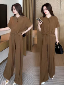 Fashionable Summer Thin Loose Short Sleeve Wide Leg Pants Two Piece Set Womens Clothing Korean Style Casual Loose Fit Outfit