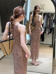 CHANGTONG | Retro Unique Polka Dot Halter Neck Strap Dress High Waist Long Summer Gown Soft Medium No Sleeve H Type Silhouette No Collision
