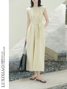 LUXIXIAO Womens One-Piece Summer Suit High Waist Wide Leg Pants Sleeveless round Neck Loose Fit Cotton Commute Style