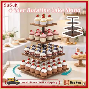 4-Tier Rotatable Square Wooden Cupcake Stand Multi-layer Dessert Serving Tower Cake Holder Display Rack for Wedding Birthday Baby Shower Party Treats