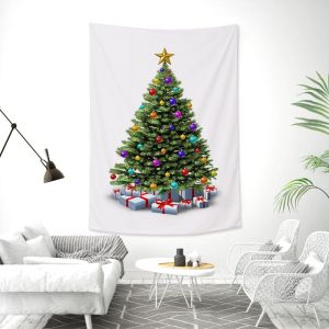 VIKAMA White Realistic Christmas Tree Wall Tapestry Gold Red Ornament Ball Tinsel Gift Box Bow Minimalist Holiday Aesthetic Home