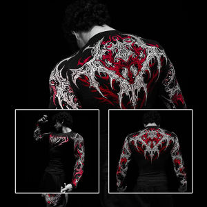 Gym Spring Mens Sports Compression Long Sleeve High Elastic Breathable Tattoo Like Arm Flame Patterns Fitness Power Training
