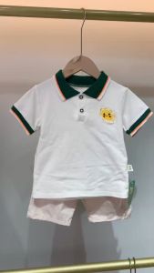 Pakaian anak-anak setelan anak laki-laki berusia 0-5 tahun Kaos Kerah Warna Solid Logo Dada Lengan Pendek Celana Pendek Katun Kasual Setelan dua potong anak-anak baru yang nyaman di musim panas