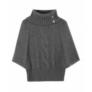 YUEZHONGWEI | Gray Turtleneck Cable Knit Poncho Sweater