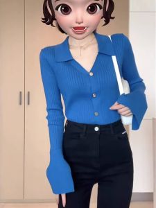 HUOLISI | French Retro Red Polo Neck Knit Cardigan