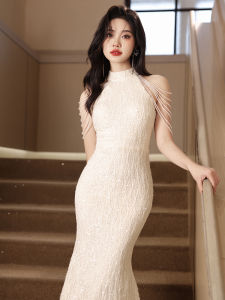 Elegant Luxury White Evening Gown Mermaid Dress with Fringe