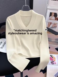 LINGLONGDAI | Cotton White V-neck Long Sleeve Slim Fit Tshirt