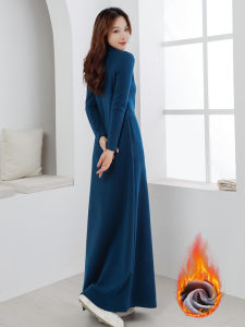 Knee-Length Knitted Dress Thickened Fleece Half-High Collar Long Winter Dress Korean Style Commute Pure Color A-Line Skirt