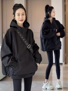 Hooded Asymmetric Zipper Coat Loose