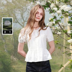 3COLOUR·S | Cotton White Blouse Bubble Sleeve Waist-accentuated Shirt