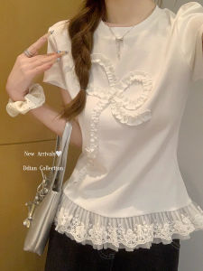 Áo Thun Tay Ngắn Màu Trắng Viền Ren Thanh Lịch Mùa Hè Cho Nữ Áo Thun Bó Sát Phong Cách Ballet Áo Thun Cổ Tròn Thường Ngày