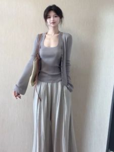 BINKAFENNY | Gray Open Cardigan And Tank Top Set Womens Casual Anti-Aging Early Autumn Outfit Two-Piece Ensemble Korean Style