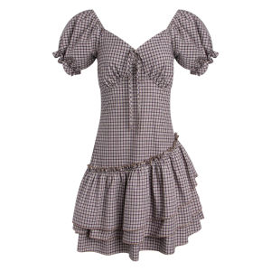 NAPSNAPS | Đầm Plaid Asymmetric Hai Lớp Dây Hem Mùa Hè Trẻ Trung V-Neck Ôm Eo