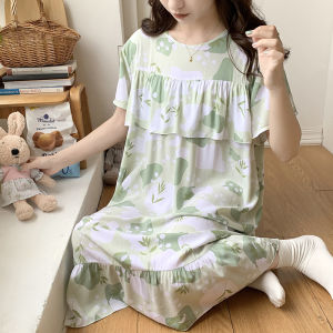 Short Sleeve Silk Cotton Sleepwear Womens Spring Summer Thin Home Clothes Anti-Bulge No Need to Wear Underwear plus Size