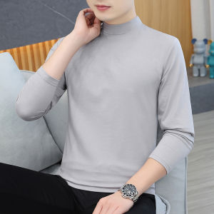 New 2025 Mens Long Sleeve T-Shirt Thin Pure Cotton Half High Collar mid Collar Autumn Top Base Shirt Inner Wear Solid Color