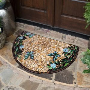 VIKAMA Retro Mosaic Leaf Half Circle Door Mat Colorful Floral Absorbent Rug For Front Door Indoor Entryway Patio Home Decor