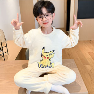 Thickened Coral Fleece Pajamas Childrens Home Clothes Flannel Winter Style Boys Sleepwear Long Sleeve round Neck Long Pants