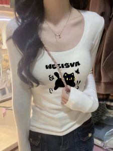 Pure Cotton Long Sleeve U-Neck Base Shirt Womens Slim Fit T-Shirt Early Autumn Design Waist-Cinching Unique Top