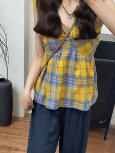 Korean Yellow Plaid Strap Vest Women Summer New Spicy Irregular Pleated Sleeveless Top Outerwear Trendy Soft Satin Material