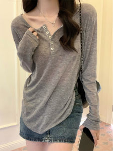 Gray Loose Long Sleeve T-Shirt Womens Half Open Collar Base Layer Top Commute Style Korean Version Spring New Arrival