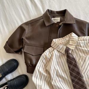 Korean Style Childrens Soft Leather Jacket Pure Color Short Coat Baby Boys Fashionable Spring Autumn Seasonal Clothing