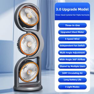 TINSOL 2026 New Portable USB Rechargeable Three-Head Fan – 360° Circulation 5-Speed Wind Dormitory and Outdoor Desktop Fan