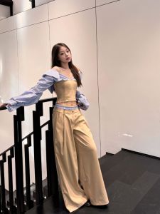 off-Shoulder Stripes Short Stitching Tube Top Shirt Womens Autumn Fashion Suit Casual Suit Pants Pants Two-piece Set