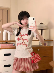 Unique Embroidered Letter Short Sleeve round Neck T-Shirt Womens Slim Fit Versatile Short Top Korean Style Creative Patchwork