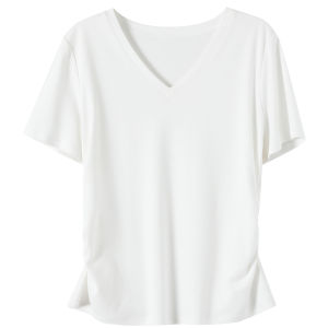 Osa Womens V-neck Short-sleeved T-shirt Cotton Summer New Style Inner Wear Shoulder-length White T-shirt Straight Cut OL Style