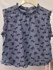 Sweet Butterfly Knot Print Sleeveless Shirt Womens Fashion Summer New Korean Style Top Wooden Edge Gown Breathable Polyester