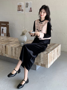 New Chinese Style Black Velvet Dress Set Womens Fashion Autumn Collection Button Design Two-Piece Suit Casual round Neckline