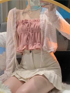 Pink Sweet Ruffled Lace Cardigan Womens Summer New Arrival Suspender Skirt Small Shawl Blouse Outerwear Sun Protection Clothing