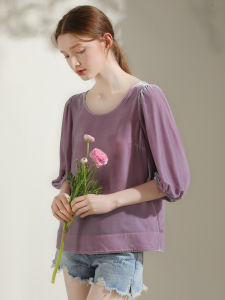 Miccbeirn | Miccbeirn Silk Velvet Round Neck Short Sleeve Womens Top Sweet Girl Lantern Sleeve Solid Color Simple Style Summer Top