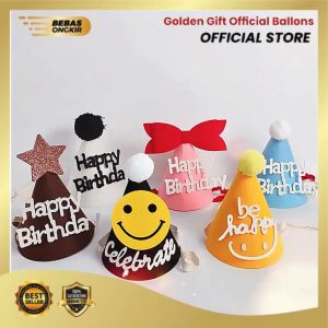 Topi Ulang Tahun Kerucut Bahan Kain Flanel / Topi Motif HBD Warna Warni / Topi Pesta
