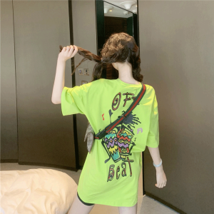 Fluorescent Fruit Green Short Sleeve T-Shirt Womens Loose Mid-Length Top Bright Color Summer Dopaamine Style Cotton Blend