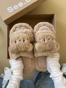2025 New Cartoon Cute Flat Bottom Fur Slippers Sheepskin Home Anti-slip Can Be Worn outside One-word Cotton Shoes Winter