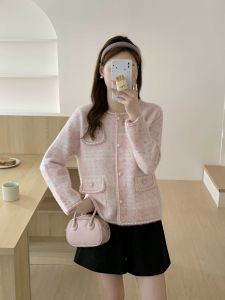 เสื้อคาร์ดิแกนคอตั้งหรูหราสำหรับผู้หญิง ทรงหลวม สไตล์ฝรั่งเศส ปกติ แขนยาว ปกคอกลม สีสันสดใส ฤดูใบไม้ร่วง ฤดูหนาว