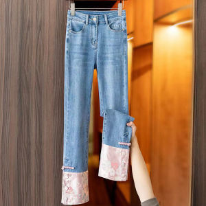 กางเกงยีนส์ทรงตรงเอวสูงสำหรับผู้หญิง กางเกงขายาวทรงหลวมสไตล์ใหม่ฤดูใบไม้ผลิและฤดูใบไม้ร่วง ปิดด้วยกระดุม สไตล์ย้อนยุค แฟชั่น