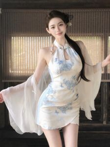 GUZILIAN | New Chinese Style Floral Print Short Dress Womens Spring Summer High Waist Bodycon Skirt Korean Version Commute Gown