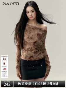 ViaPitti Design Sensual Asymmetrical Pleated Shoulder T-shirt Womens Slim Fit Spicy Girl Top Spring Season Long Sleeve