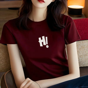 Red Wine Color Short Sleeve Womens T-shirt Pure Cotton Base Shirt Slimming High-End Feeling Summer Fashion Brand Top