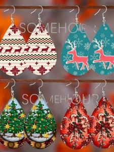 Factory Direct Sales Double-Sided Color Printing Christmas Series Multi-Pattern Small Water Drop Cross Mirror Best Selling Trade Wooden Earrings