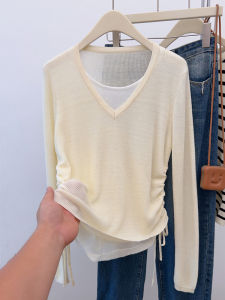 Lightweight Long Sleeve V-Neck Knitted Sun Protection Top Womens Fashion Commute Style Korean Version Slim Fit Gored Splice
