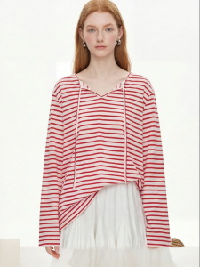 Red and White Striped V-neck Lacing Slimming Long Sleeve Blouse