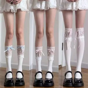 JIFANPAUL | Lolita Lace Edge Butterfly Bow White Silk Knee-High Socks