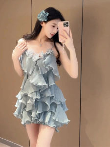 Váy Ngắn Chữ a Màu Xanh Pháp Tay Lỡ Xếp Ly Ren Mùa Hè Cho Nữ Váy Midi Cổ Chữ V Không Tay Váy Midi Chữ a Xếp Ly