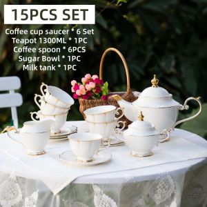 OMK European Light Luxury Gold Edge Bone China Afternoon Tea Tea Set English Style With Teapot Coffee Cup Tea Set Modern Suitable For 6 Persons
