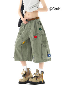 Grace Rub | Olive Green Embroidery Multiple Pockets Wide Leg Mens Shorts